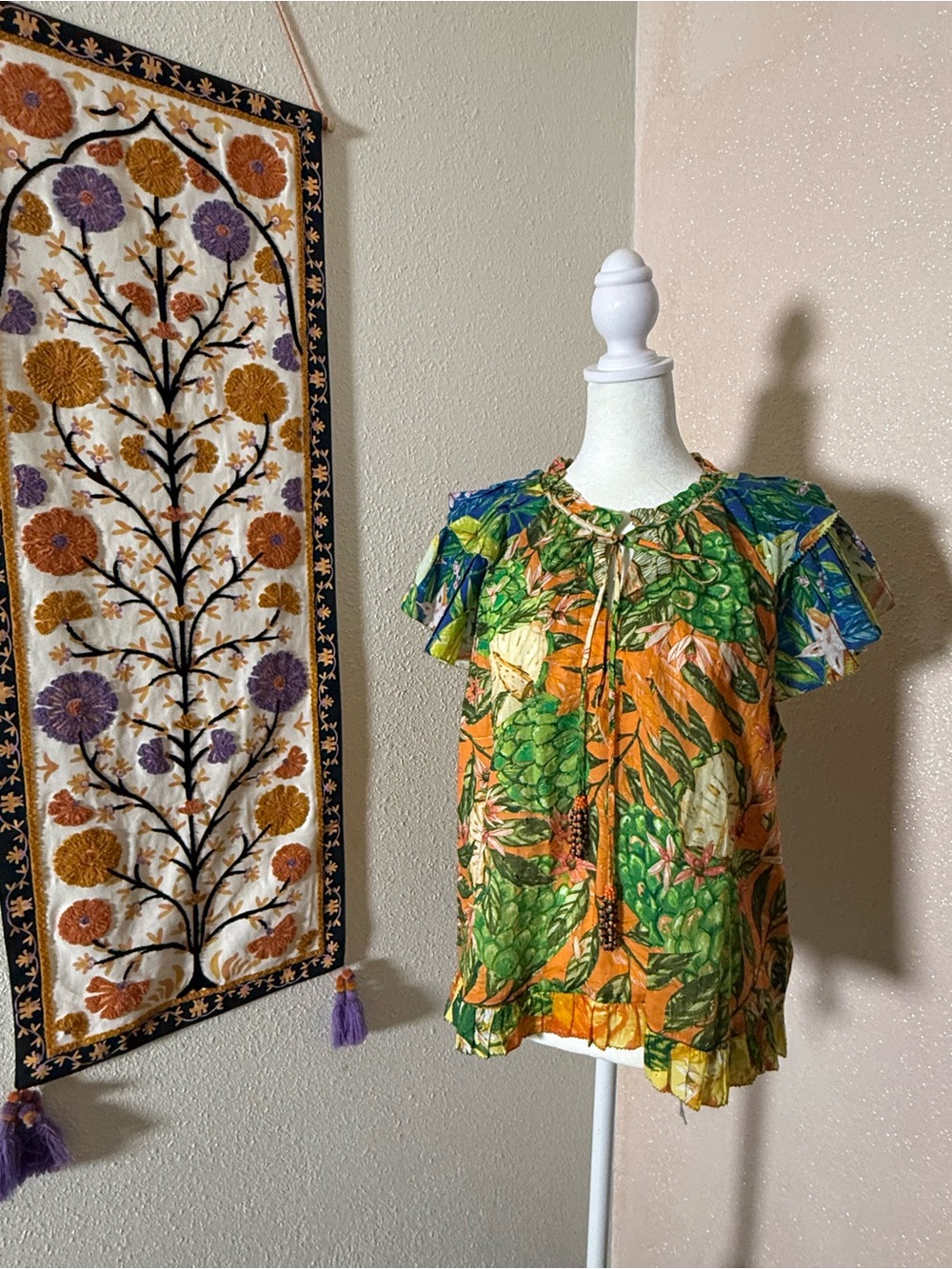 FARM Rio Green and Orange Tropical Print Puff-Sleeve Blouse - Picture 1 of 16